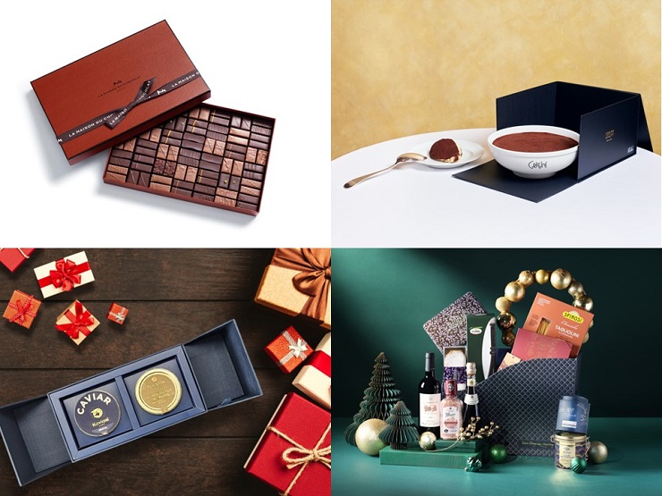 La Maison du Chocolat (gauche, haut), Tiramisu All’Amaretto de Grissini (droite, haut), Gift set Plantin Kaviari (gauche, bas), Merry Berry Hamper par l'Island Shangri-La Hong Kong (bas, droite)